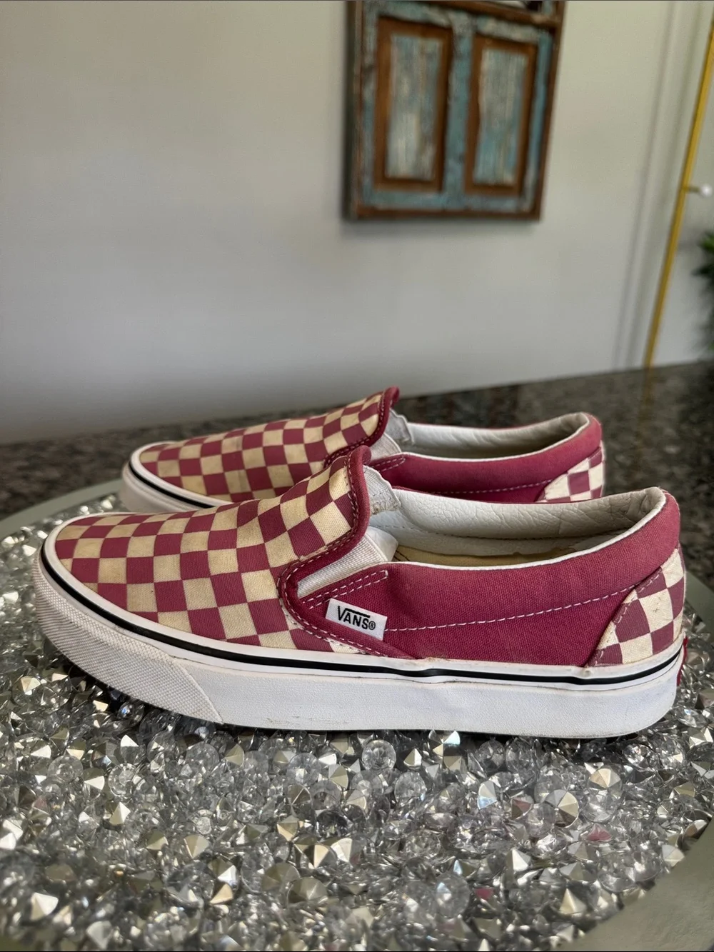 Vans Slip-On Checkerboard Pink and Cream Canvas Loafers